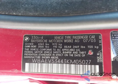 2003 BMW 330I from USA, damaged, VIN WBAEV53443KM05027